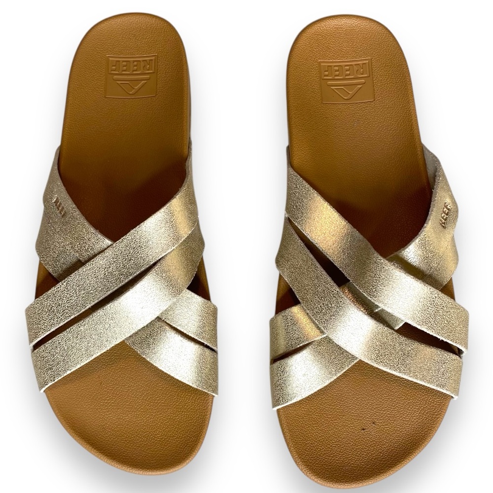 Reef Cushion Spring Bloom Gold Metallic Slide Size 8